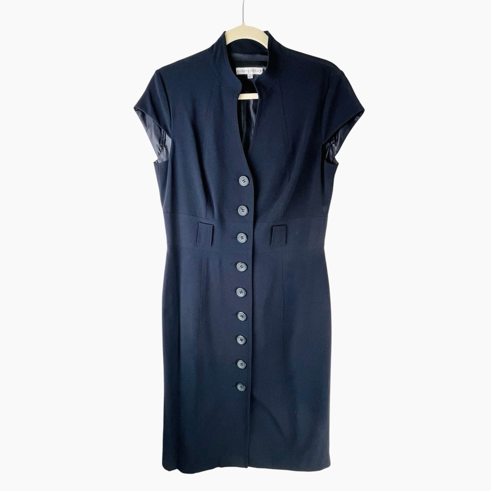 SANDRA DARREN Navy Blue Dress Size 10 Cap Sleeve Button Front Office Career